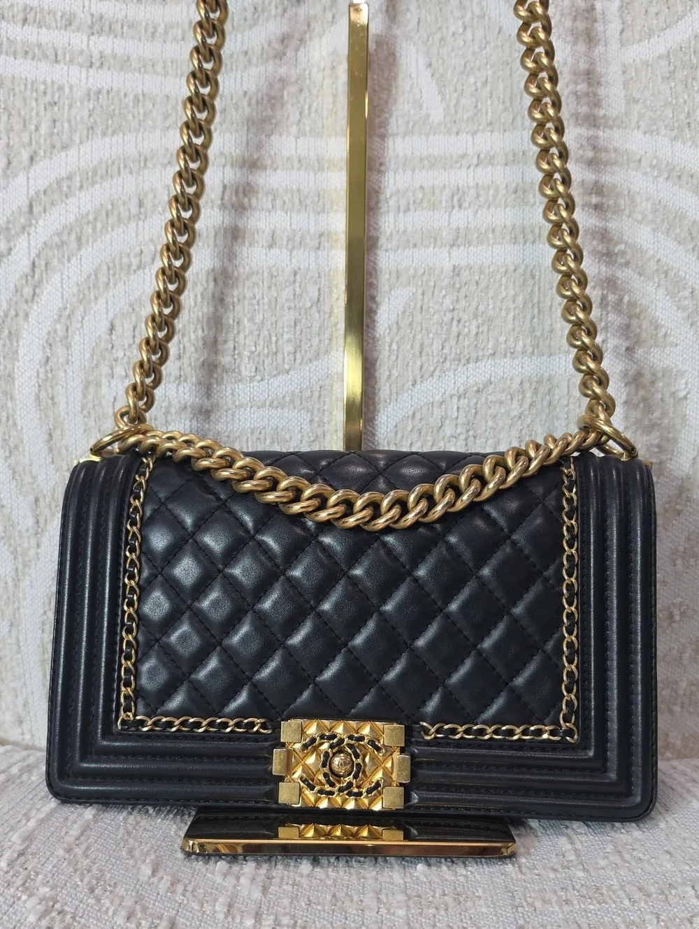 Quilted Chanel Boy Black Leather Shoulder Bag with Gold Chain Special Design